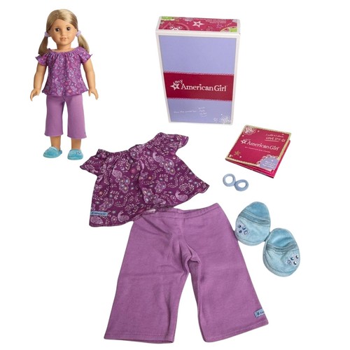 American Girl Purple PEACOCK PJS Doll Pajamas Top Pant Slippers Hair Ties Charm - Picture 9 of 10