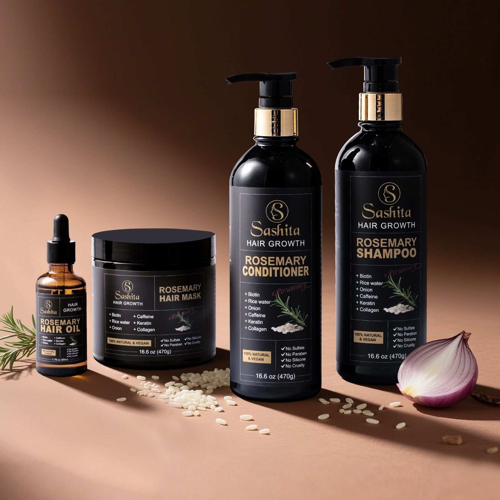 Rosemary Hair Growth Set, Natural Vegan Hair Care, Black and