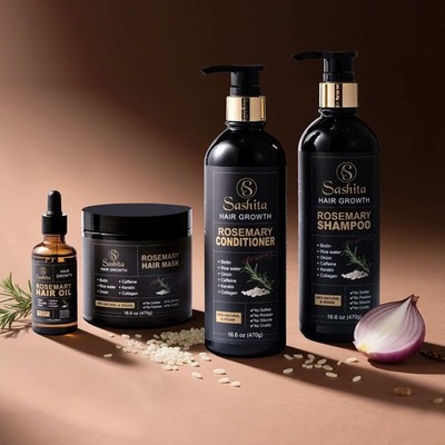 Rosemary Hair Growth Set, Natural Vegan Hair Care, Black and Gold, 16.6.