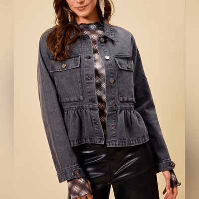 Women's SO ME Peplum Hem Front Button Faded Black Denim Ruffle Jacket sz Large