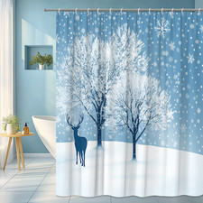 Winter Deer Landscape Snowy Trees Blue Snowflake Forest Holiday Shower curtain