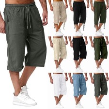 Men Cotton Linen Cargo Shorts 3/4 Length Elasticated Waist Capri Cropped Pants