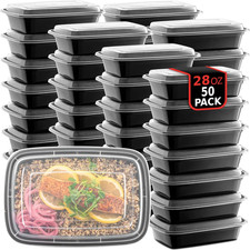 50-Pack Reusable Food Storage Containers with Lids Microwave Safe 28 oz Plastic