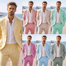 Linen Men's Suits Summer Beach Formal Wedding Tuxedo Part Prom Casual 2 Pieces