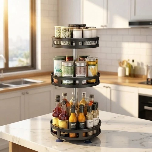 3-Tier Rotating Spice Rack Organizer – Carbon Steel 360° Metal Turntable