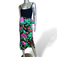 Vintage Wrap Skirt Black Floral Print Cover Up Sarong Mid Calf Womens Large