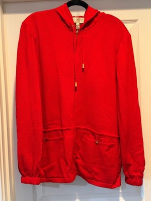 St. John Sport Santana Knit Wool Blend Hooded Jacket Women s Sz L Red Full Zip