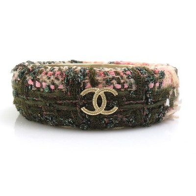 Authentischer CHANEL CC Logo Armreif Armband Khaki/Pink/Gold Tweed/Metall - e...