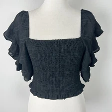 Boutique Cropped Smocked Top Flutter Sleeve Boho Whimsigoth Size Small Women's