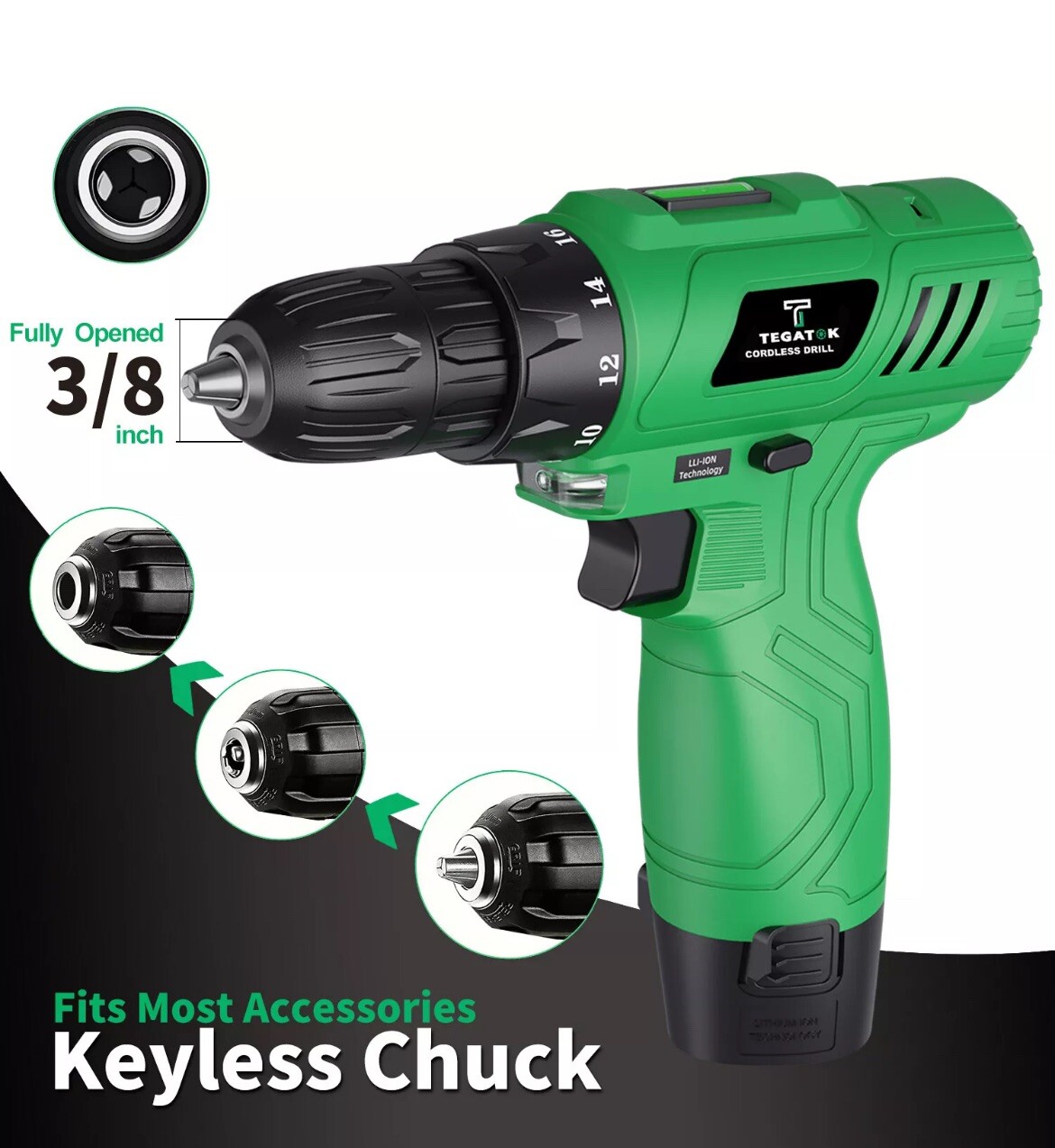 12V Cordless Drill 3/8" Keyless Chuck, 25 Drill Bits  1.5AH Battery No Charger