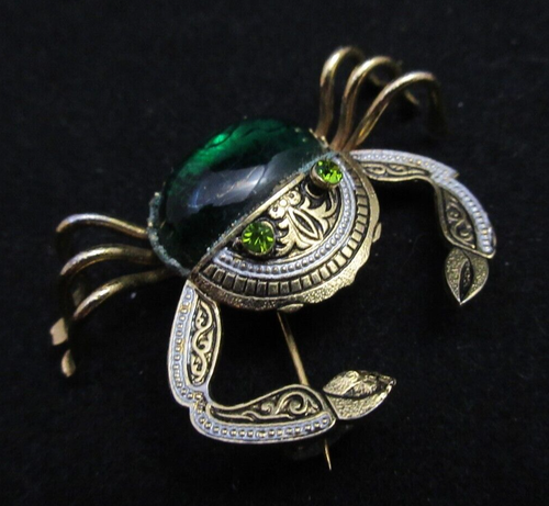 Vintage Green Glass Back Green Rhinestone Eyes Damascene Crab Brooch Pin AS IS - Picture 7 of 9