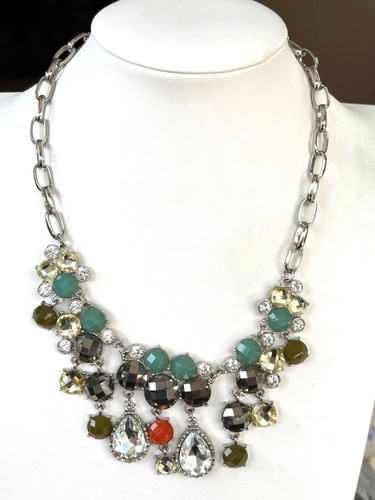 Statement Silver-Tone Necklace With Multicolor Beads & Crystal Accents