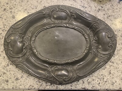 Large 14.5''x10.5'' Antique Germany Block Bach Angel Pewter Tin Platter Tray Plate