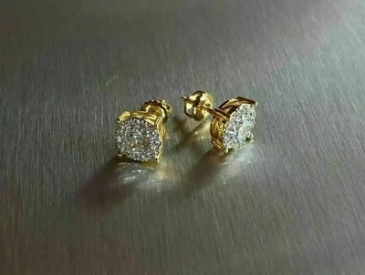 2Ct Round Lab Created Diamond Women Cluster Stud Earring 14k Yellow Gold Plated