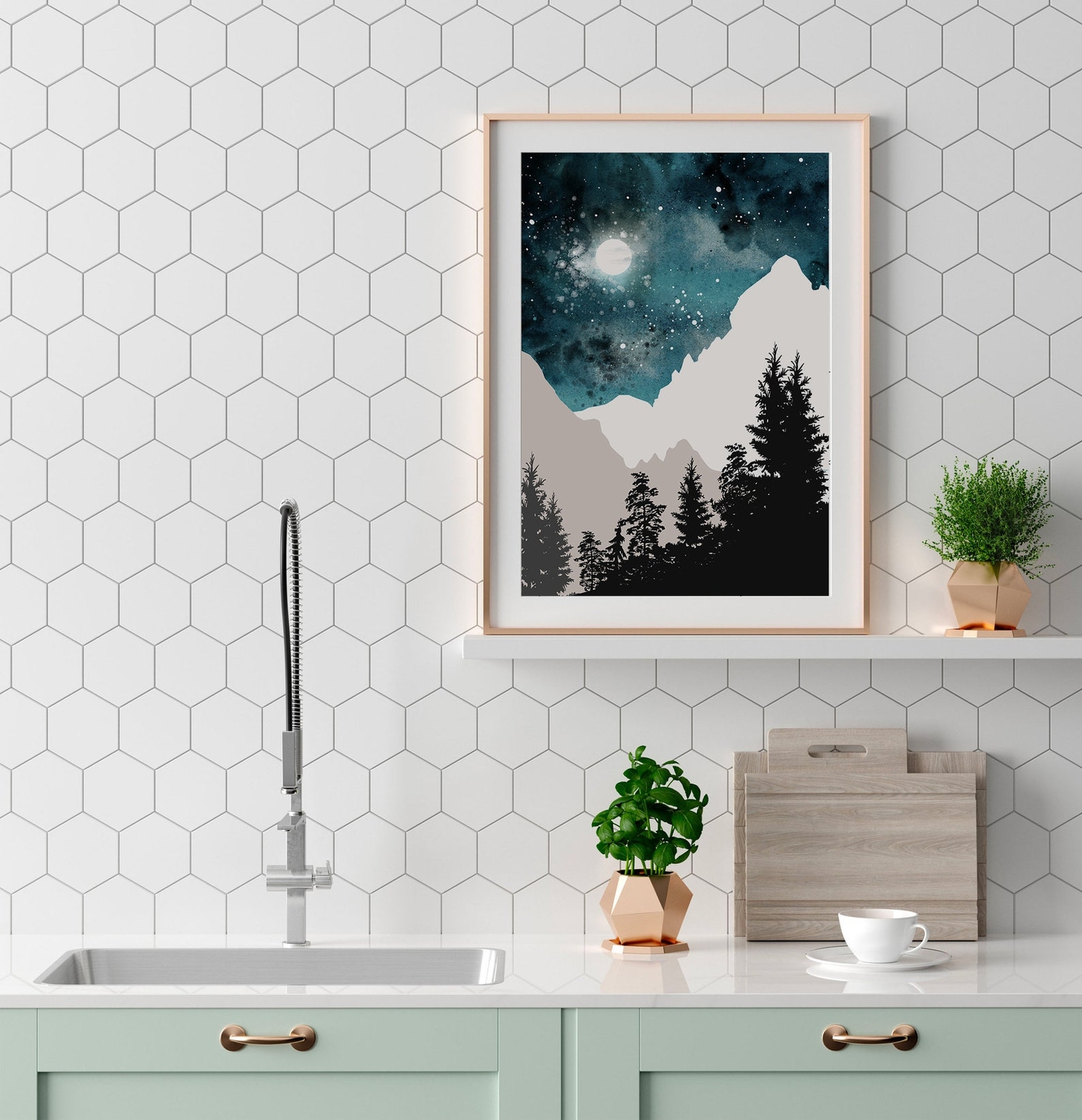 Forest Mountain Wall Art Watercolor Navy Dark Blue Posters Nature Prints Modern