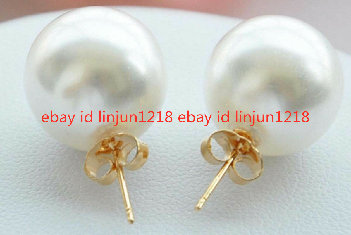 Stunning Big 12mm Round White South Sea Shell Pearls Gold Stud