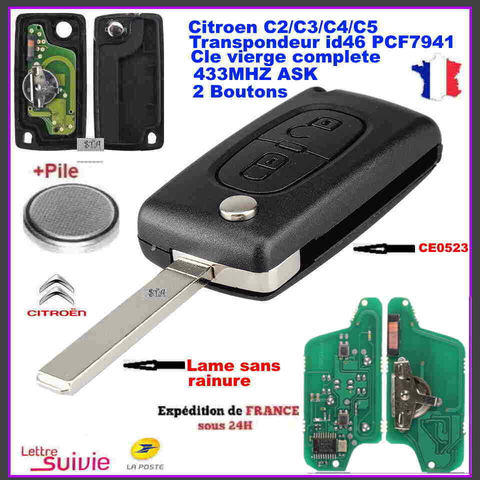 Clé Vierge Télécommande LAKAMODO 3 Boutons Pour Citroën/Peugeot - Programmable Fréquence 433MHz