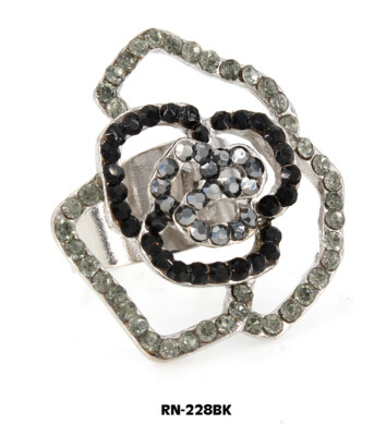 Austrian Crystal Rose Flower Ring  - Black Color - RN-228BK