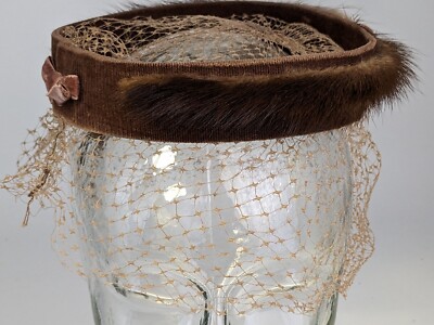 Vintage 1950s Fur Trim Velvet Bows Pill Box Hat with Veil | eBay display picture 3