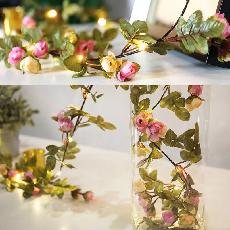 200cm LED Artificial Flower Rose Leaf Garland Fairy String Light