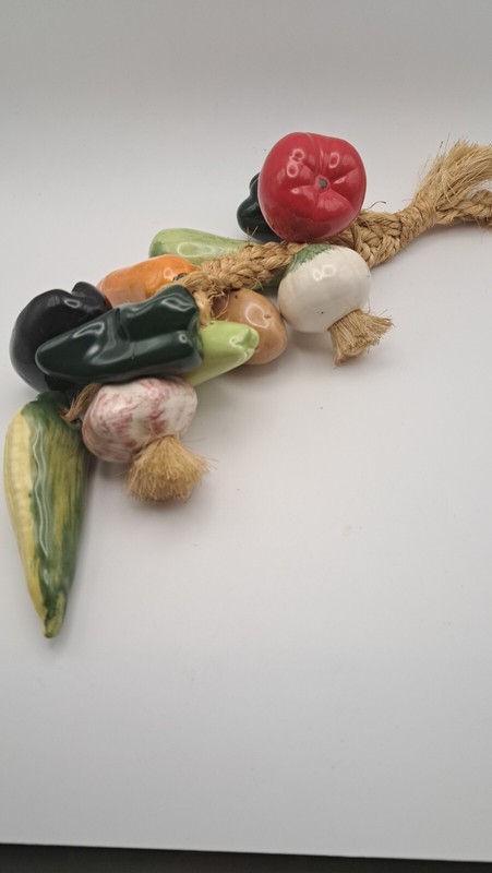 Vintage MCM Kitsch Decor Ceramic Vegetables Produce Hanging On Rope