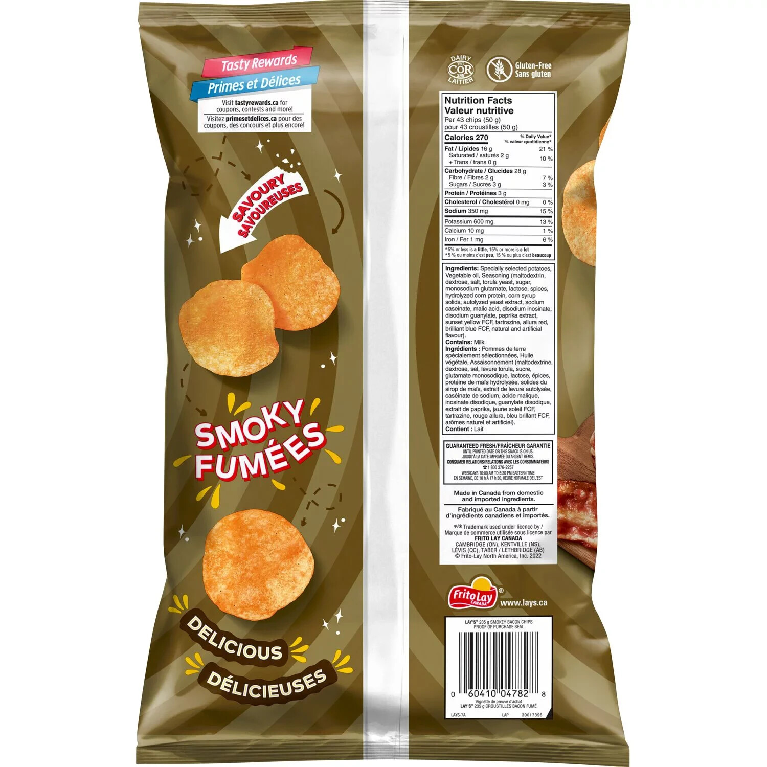 1 x Bags Lays Smokey Bacon Chips LARGE Family Size 235g From Canada