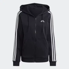 Adidas Essentials 3-Stripes Zip Fleece Womens Hoodie HZ5743 Black White M NWT