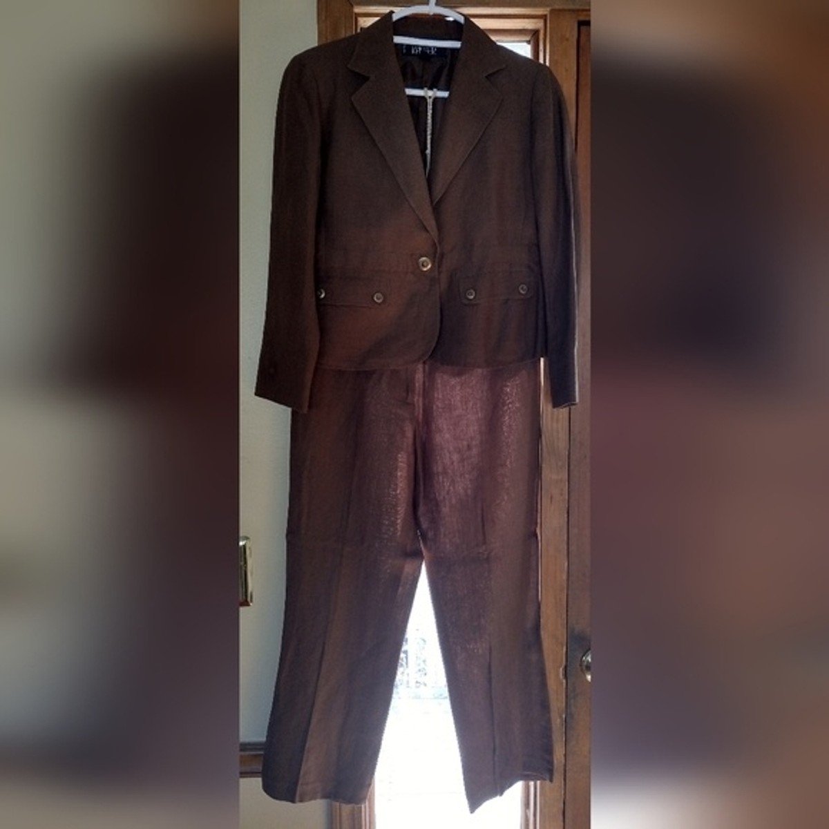 Kasper Brown Linen Women's Pant Suit Size Petite Pageant Interview  Suit/Office