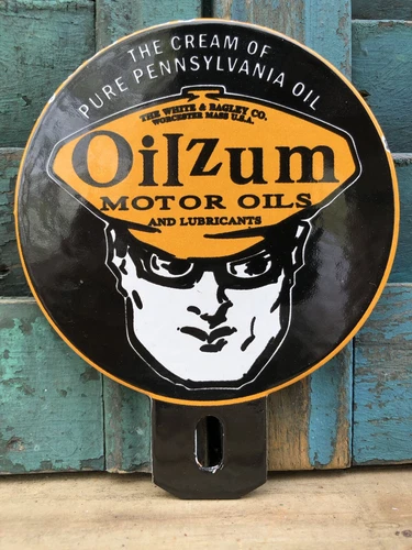 VINTAGE OILZUM MOTOR  OIL GASOLINE 5” PORCELAIN CAR TAG TOPPER SIGN