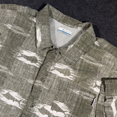 Columbia PFG Fishing Shirt Mens Large Green Mahi Mahi Fish Print Short Sleeve