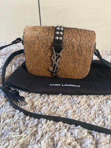 SAINT LAURENT Hair-on Hide Shoulder Bag with YSL Logo and Studs