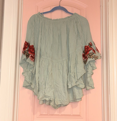 She + Sky Sage Green Off Shoulder Embroidered Floral Romper Size M Fits S