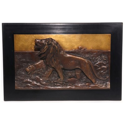 Hunting Lions Bronze Relief   3d Effect Art Deco Wall Art