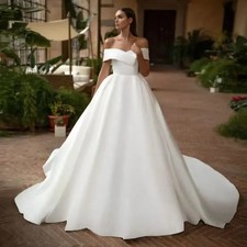 Customized Boat Neck Ball Gown Wedding Dress Off the Shoulder Simple Satin