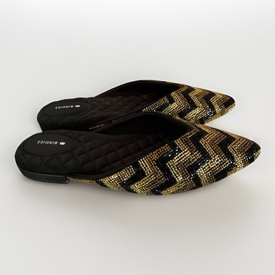 New Birdies Swan Mule in Black and Gold Deco Beaded Chevron Satin Size 9.5