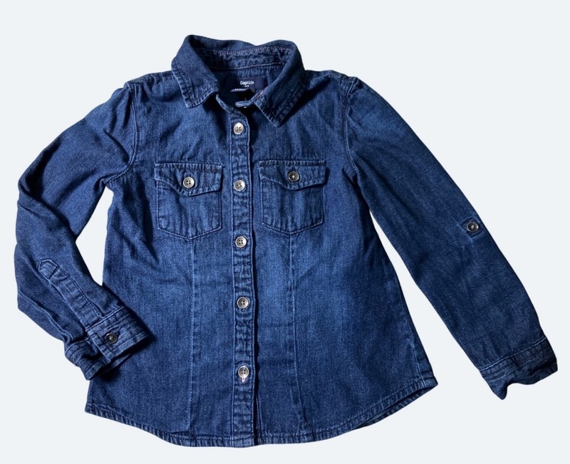 Denim Button-Up Shirt For Girls XS 4-5 Years 100% Cotton Dark Blue