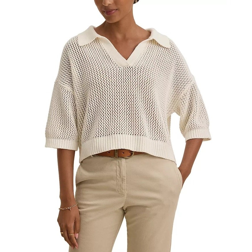 Velvet by Graham & Spencer Women Milk White Cotton Crochet York Polo Top Size M