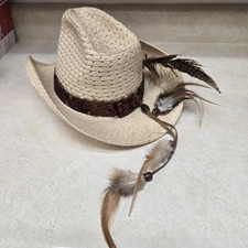Natural Straw Cowboy Hat with Feather Band and Chin Strap Size 7 1/8 Western