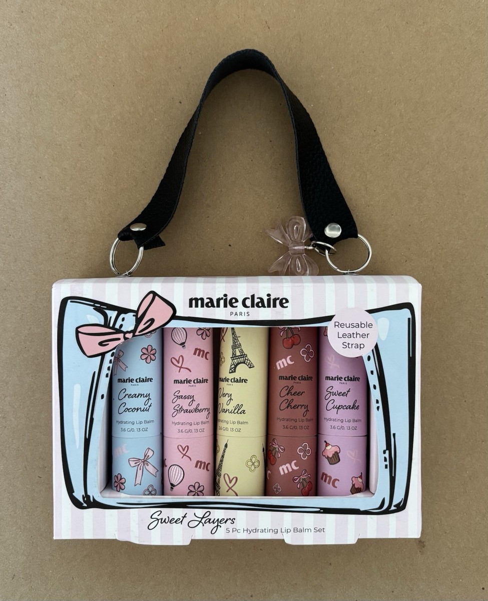 Marie Claire PARIS 5 pc Lip Balm Set Reusable Leather Strap + Bag