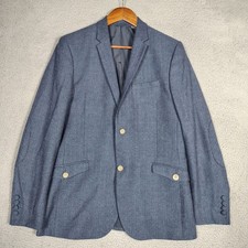 Ben Sherman Heritage Blazer Mens L Blue Herringbone Wool Blend Two-Button Jacket