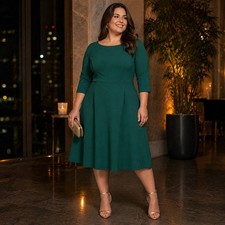 Vince Camuto Fit Flare Dress Emerald Green 3/4 Sleeve A-Line Women's Size 14
