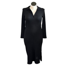 Old Navy Womens Cotton Blend Ribbed Midi Polo Sweater Dress 90s Minimalist Black