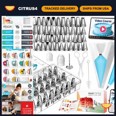 74PC Cake Decorating Set - 48 Piping Tips, 12'' Pastry Bags, E-Book & Video Cours