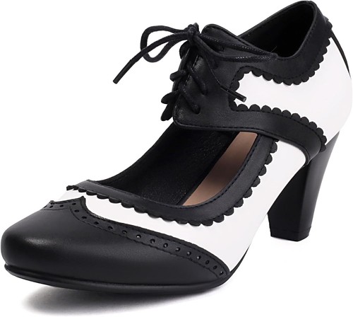 Elerhythm Women's Mary Jane Lace Up Closed Round Toe Vintage 7, Black/White