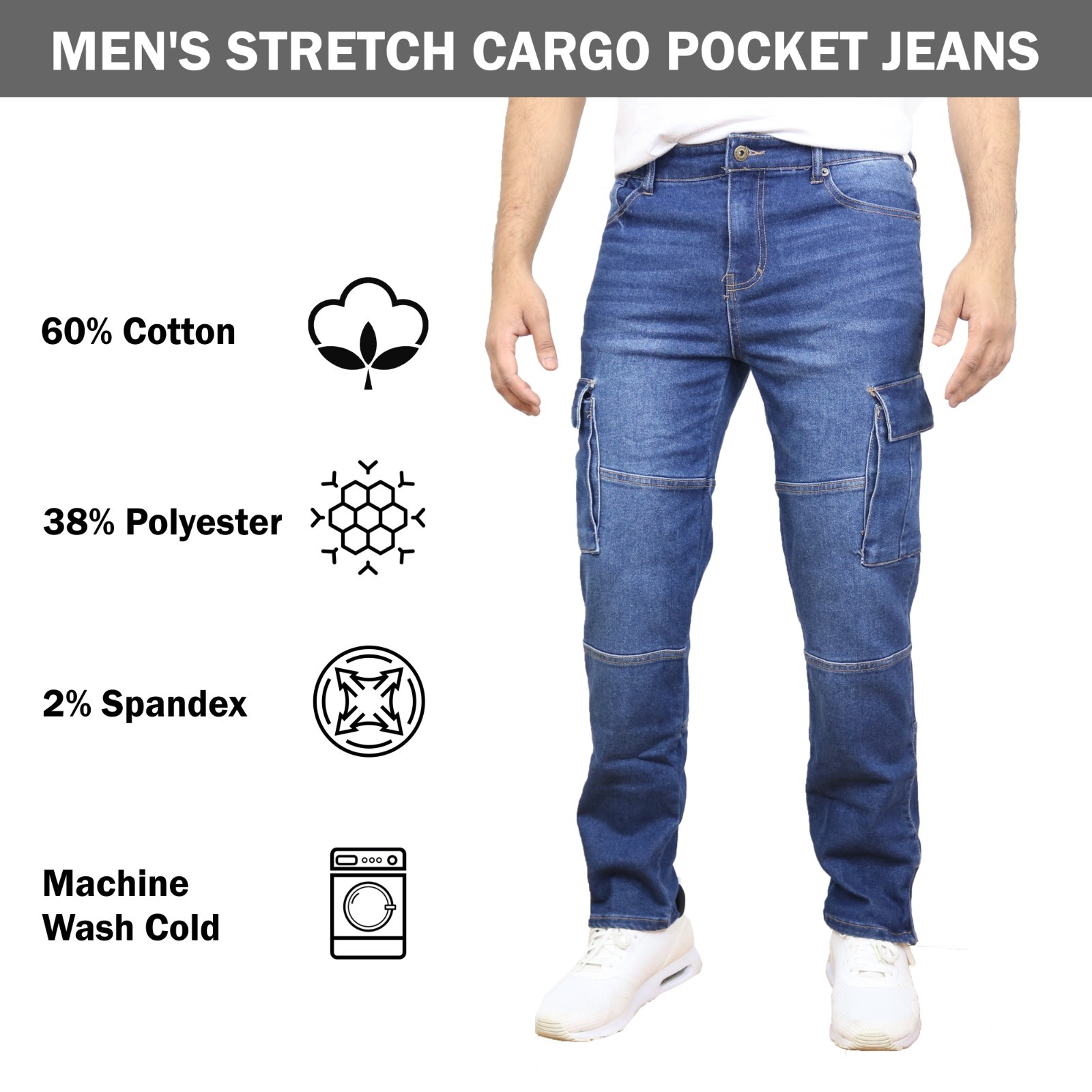 Men&rsquo;s Stylish Stretch Cargo Pocket Jeans (Sizes- 30-42) Free Shipping