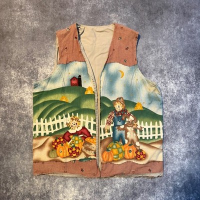 Vintage Fall Harvest Scarecrow Pumpkin Patch Scene Vest Multicolor Womens L