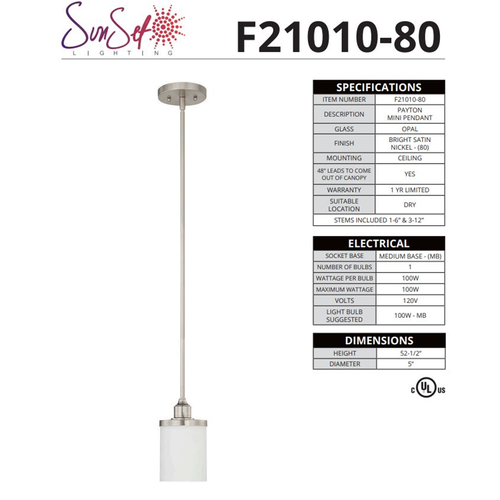 Sunset 1-Light 100W MB Mini Pendant - Bright Satin Nickel F21010-80 - Picture 2 of 2