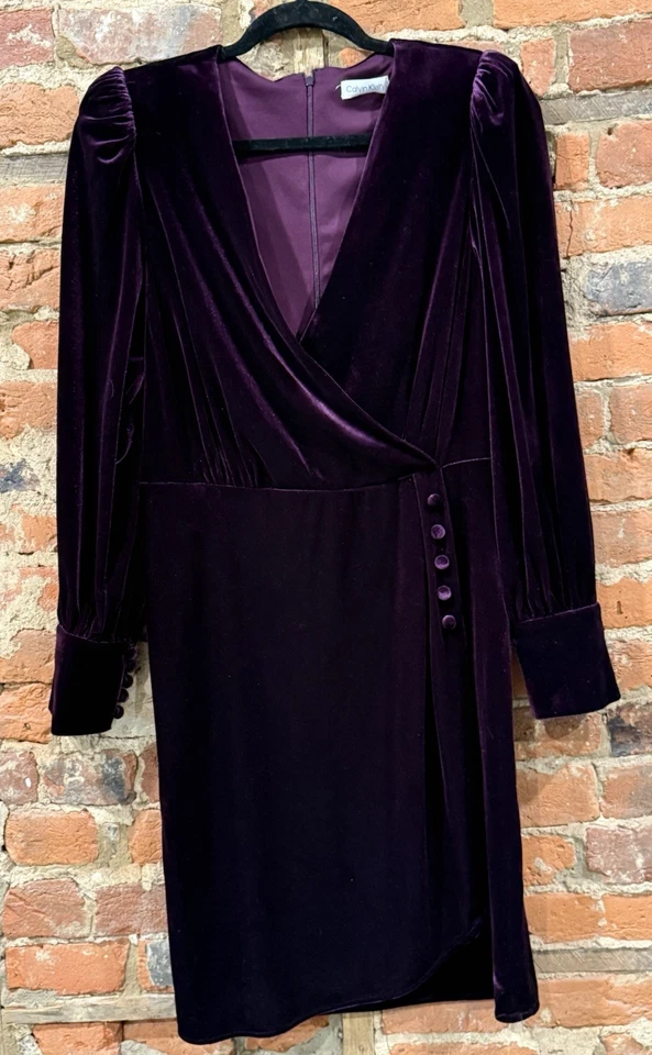 Calvin Klein SZ 10 Velvet Button-Trimmed Surplice Dress - Image 2 of 4
