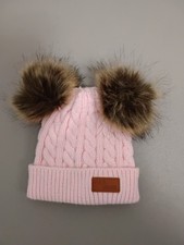 FAS JEANS Pink Brown Cable Knit Beanie Hat Acrylic Pom Pom Ears Baby Toddler