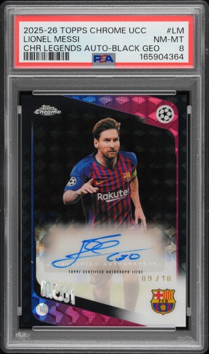 2025-26 TOPPS CHROME UCC CHROME LEGENDS AUTO BLACK GEO LIONEL MESSI 9/10 PSA 8